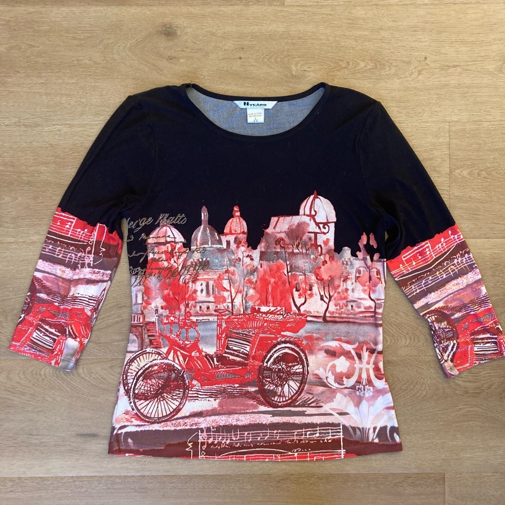 Vintage Black and Red Graphic City Print Top